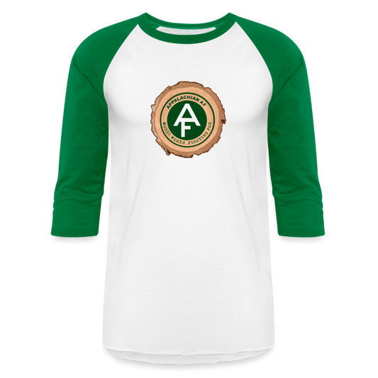 Appalachian AF Tree Trunk Baseball T-Shirt - white/kelly green