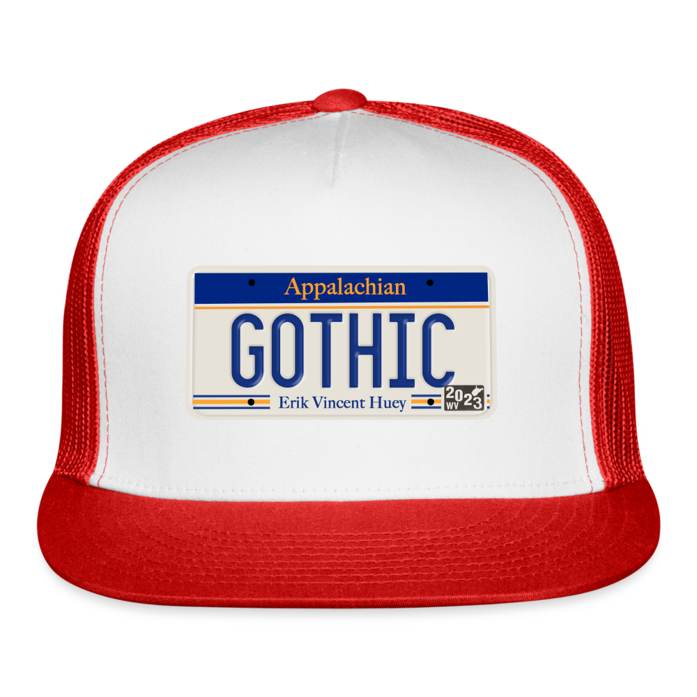 Appalachian Gothic License Plate EVH Trucker Hat - white/red